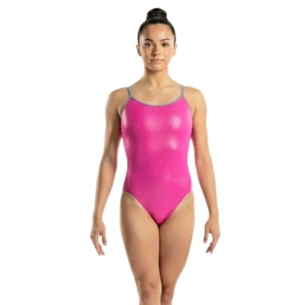 Satara Leos VTG Hot Pink Pixel Multi Gray Strap Back Tank Leotard Size AL AM